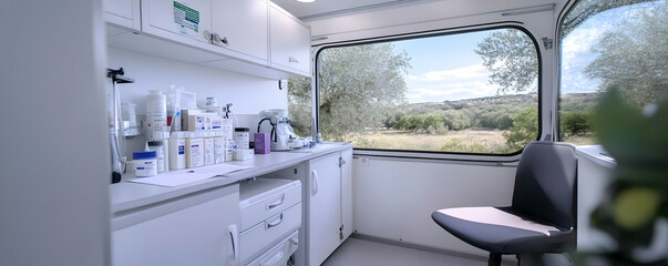 Mobile clinic interior, countryside view; patient chair, medical supplies. Healthcare access