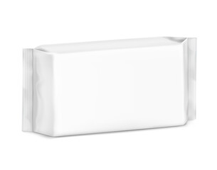 Realistic horizontal flow pack mockup for food. Half side view. Vector illustration isolated on white background. Can be use for your design, promo, adv and etc. EPS10.