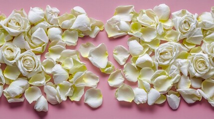 Obraz premium Valentine's White Roses and Petals Arrangement on Pink Background Floral Art Romantic Setting Close-Up View Celebration of Love