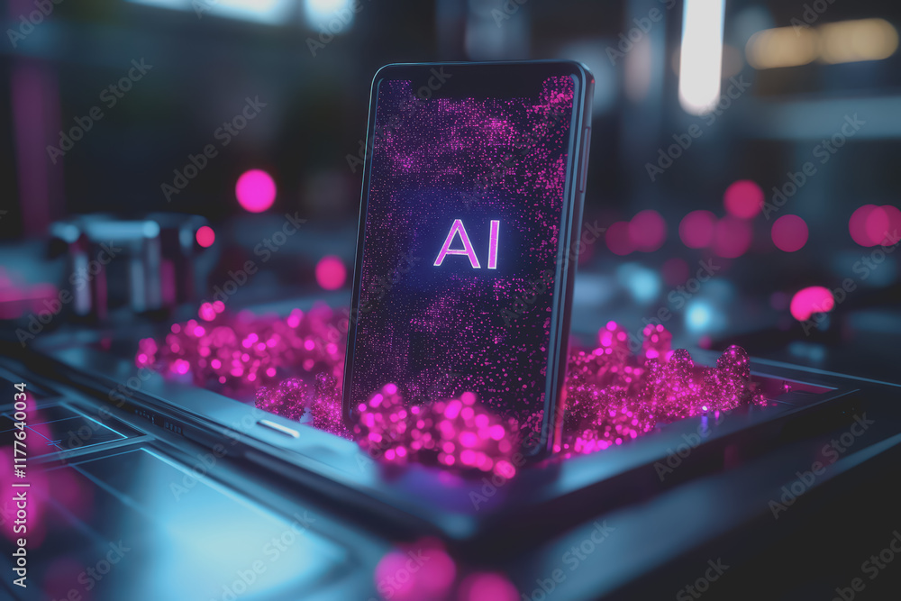 Poster mockup 3d of mobile technology with text 