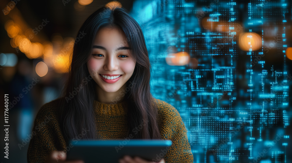 Aufkleber smiling woman using tablet with digital data background