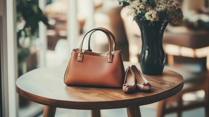 Elegant brown handbag and shoes on wooden table in cozy interior setting