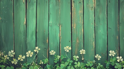 Green Wooden Fence Decorated with Four-Leaf Clovers, St. Patrick&rsquo;s Day Inspired Scene