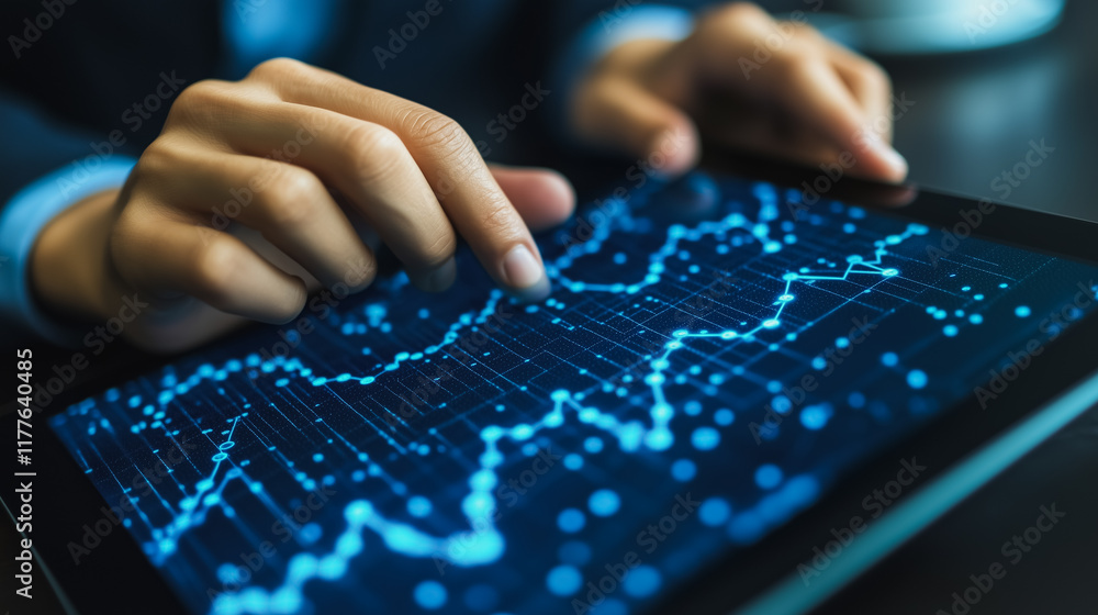 Poster analyzing market trends: close-up shot of hands using a tablet displaying dynamic data charts, symbo