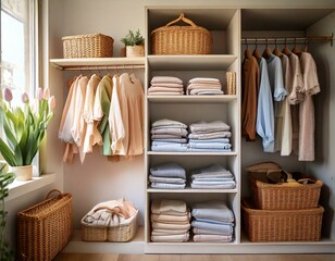 A beautifully organized closet with neatly folded pastel clothes on shelves, wicker baskets with labels, and a small bouquet of tulips placed on top. Soft, natural lighting enhances the calm, organize
