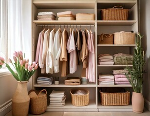 A beautifully organized closet with neatly folded pastel clothes on shelves, wicker baskets with labels, and a small bouquet of tulips placed on top. Soft, natural lighting enhances the calm, organize