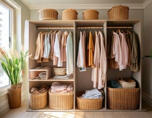 A beautifully organized closet with neatly folded pastel clothes on shelves, wicker baskets with labels, and a small bouquet of tulips placed on top. Soft, natural lighting enhances the calm, organize