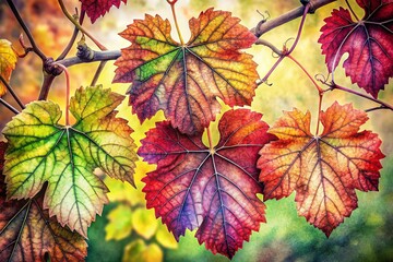 Pen & Watercolor Vine with Lush Leaves - Botanical Art Stock Photo