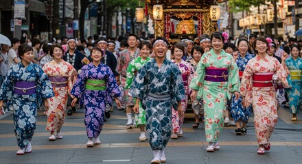 祭りの行列、浴衣姿の女性たち、賑やかな日本の夏祭り