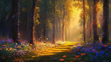 Fototapeta premium Golden Path Through Enchanted Forest - Serene forest path, sunlight, wildflowers, tranquility, nature's beauty. Symbolizing peace, hope, journey, discovery, and magic.