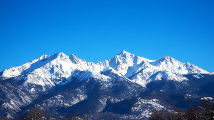 Obraz premium Clear blue sky over snowcapped peaks, mountains, winter, nature, landscape, scenery, snow, cold, outdoors, serene, blue sky. Snowcap. Illustration