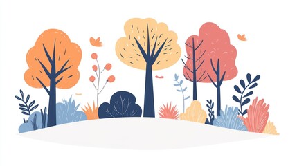 Autumn trees landscape illustration, fall foliage, white background, design element