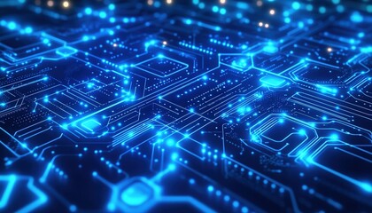Obraz premium Abstract Futuristic Digital Circuit Board Technology Background with Glowing Blue Lines and Nodes