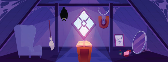 Dark wooden old attic with glowing spiritual book at night, vector cartoon interior of mansard with esoteric occult item © sabelskaya