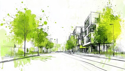 Architectural sketch of a modern urban street with green trees

