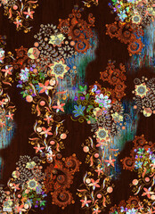Colorful Floral Pattern With Abstract Artistic Elements in Warm Tones