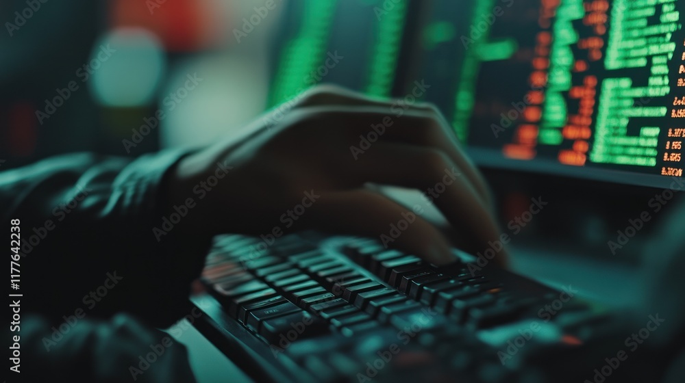 Poster close-up of a hand typing on a keyboard with financial data on a computer screen illustrating techno