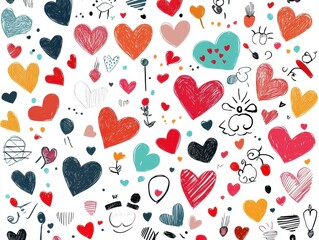 Valentine's card featuring hand-drawn whimsical hearts, playful doodles, vibrant and cheerful colors, sketch style.