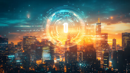 Fototapeta premium A futuristic city skyline with a glowing countdown timer projected into the sky, symbolizing the importance of time in a highly developed society 