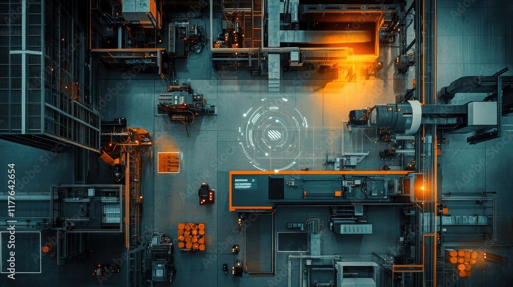 Poster futuristic automated assembly line transporting materials through robotic arms and machinery within 