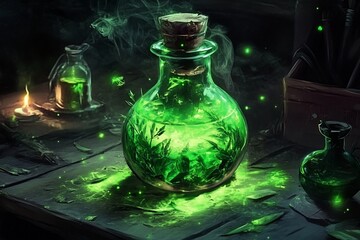 Glowing green potion in alchemist's lab