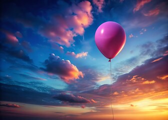 Fototapeta premium Pink Balloon Soaring in Twilight Blue Sky - Low Light Photography Stock Image