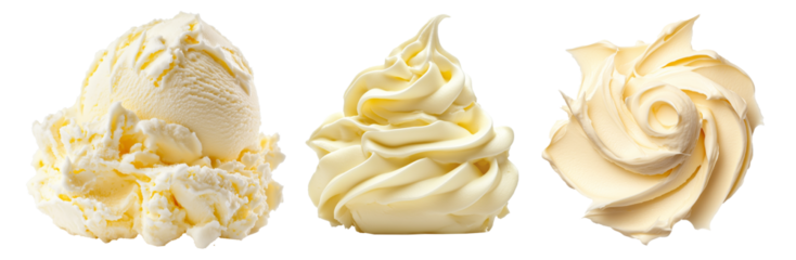 Set of creamy vanilla ice cream scoop or clotted cream. Smooth texture with swirls isolated on white background. Concept of dessert and sweet treat