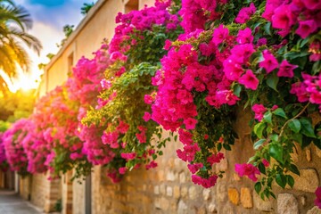 Fototapeta premium Pink Bougainvillea Close-Up, Vibrant Flower Bush on Wall, Lush Green Garden, Morning Sunlight