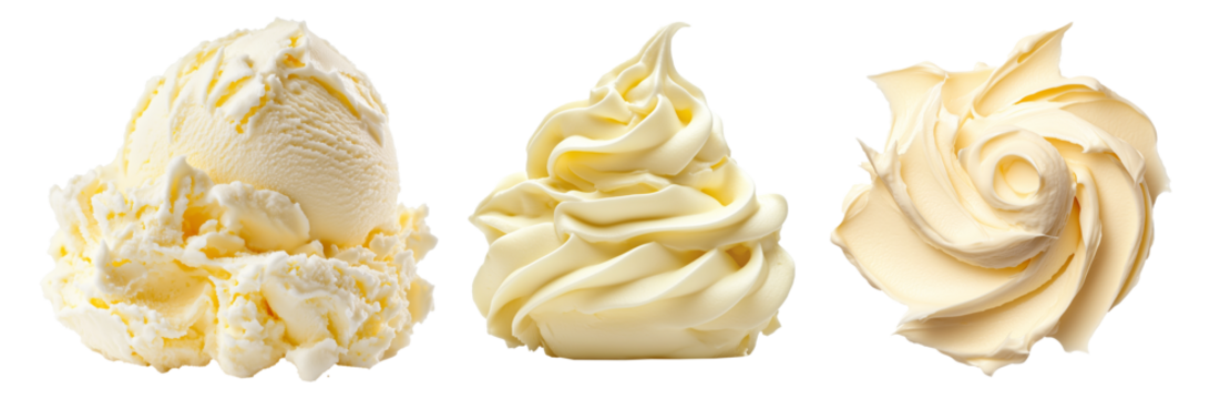 Set of creamy vanilla ice cream scoop or clotted cream. Smooth texture with swirls isolated on white background. Concept of dessert and sweet treat
