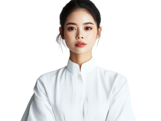 Confident woman in white shirt and black pants, a portrait of modern style