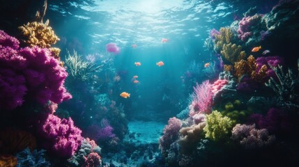 Vibrant coral reef teeming with colorful fish in the sunlight.