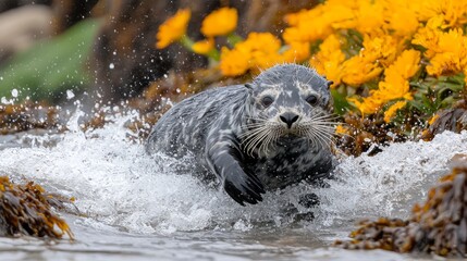 Harbor seal pup emerging from ocean water, near yellow wildflowers.