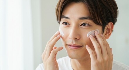 スキンケアをする若い男性｜化粧水と乳液を使う日本人