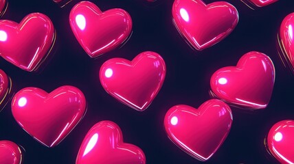 Abstract floating Valentine's hearts with glowing neon edges, dynamic motion, cyber-fantasy fusion.