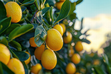 Kumquat growing on a Kumquat tree with green leaves on a Kumquat farm on a sunny clear blue sky day.
