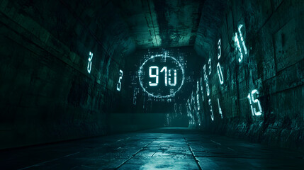 A futuristic digital clock with holographic numbers floating in a dark, mysterious environment, representing the advancement of technology in tracking and measuring time 