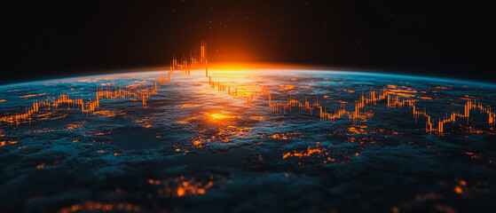 Global Market Surge: A dramatic sunrise over Earth, overlaid with vibrant stock market graphs, symbolizes global economic growth and opportunity.