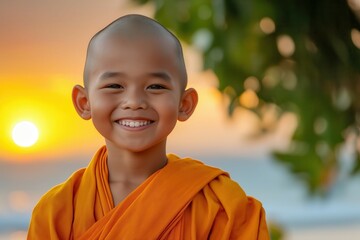 Smiling asian young monk in orange robes at sunset