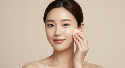 艶肌の女性がメイクスポンジでファンデーションを塗るポートレート