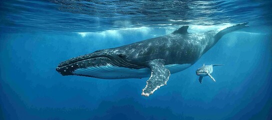 Fototapeta premium Humpback whale and calf swim underwater in ocean.