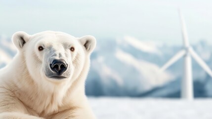 Naklejka premium A polar bear resting near a renewable energy research station, symbolizing coexistence of innovation and nature