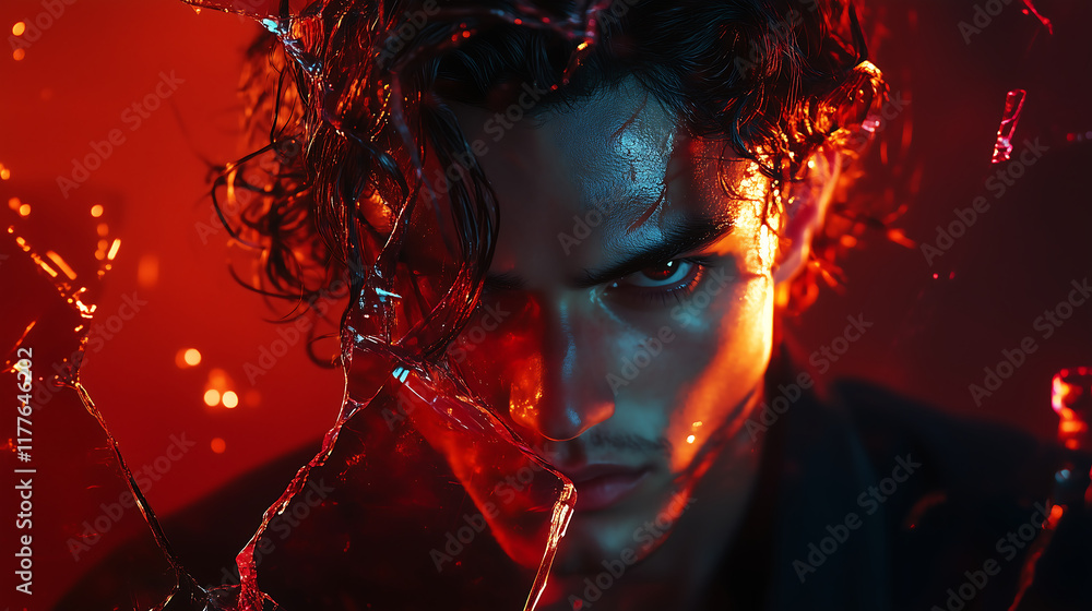 Poster portrait of man with intense red glow and abstract shards in dramatic scene