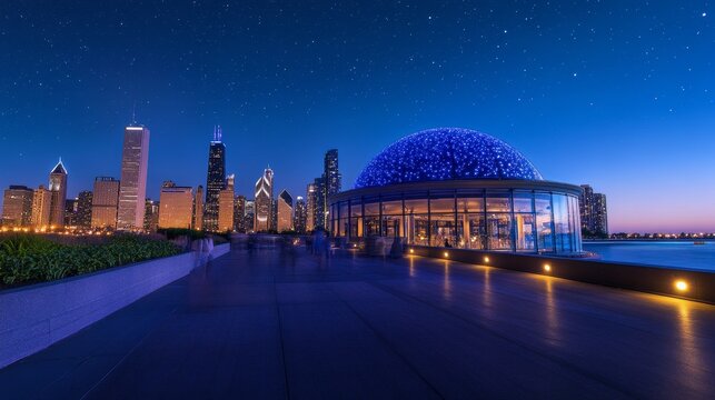 Chicago Skyline Night Adler Planetarium - Stunning nighttime view of Chicago skyline with Adler Planetarium's illuminated dome, symbolizing exploration, knowledge, astronomy, city life, and architectu