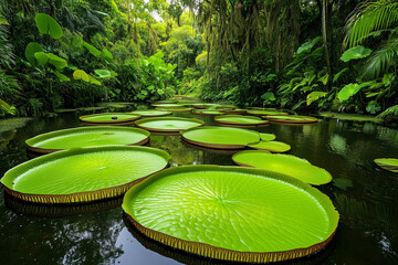Green pond adorned with water lilies surrounded by lush vegetation in a tranquil tropical setting