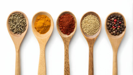 Assorted Spices in Wooden Spoons with Star Anise