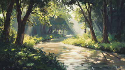 Obraz premium Serene river winding through lush green trees under gentle sunlight in a peaceful natural setting
