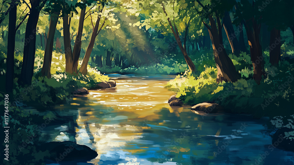 Poster lush green river winding through a tranquil forest during golden hour with dappled sunlight filterin