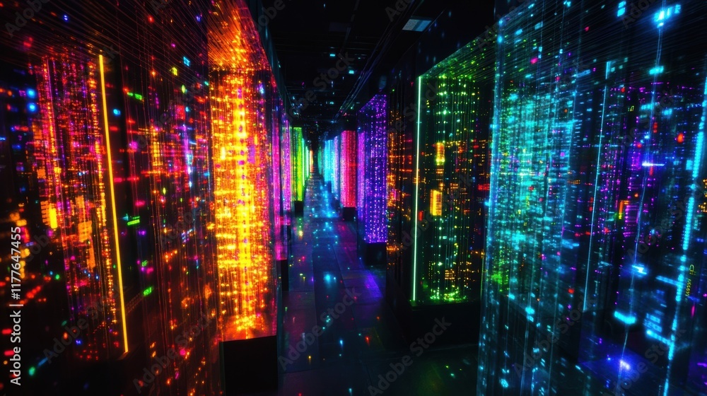 Poster colorful network cables transmit data through futuristic server racks in a modern data center, creat