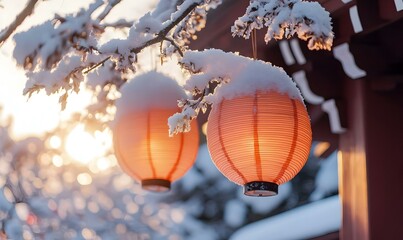 Obraz premium Winter Lanterns, snow-laden lanterns dangle from branches, creating a serene atmosphere amidst a tranquil, frosty landscape.