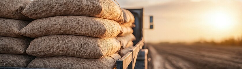 Naklejka premium Stacked burlap sacks filled with grain sit on a trailer, illuminated by the warm glow of a sunset over agricultural fields.